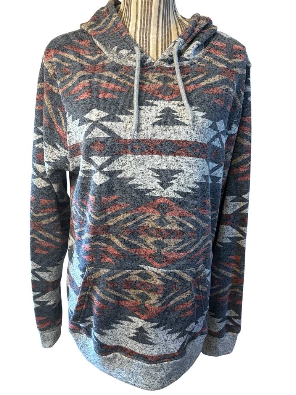 Rue21 Hooded Pullover Medium Gray Aztec with Blue Red Yellow Accents Cozy Comfy